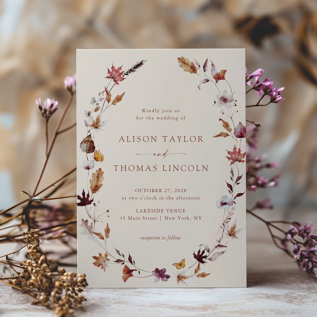Boho Fall Terracotta Leaves Wreath Wedding Invitation (Creator Uploaded)