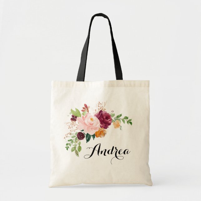 Boho Fall Watercolor Burgundy Flowers Bridesmaid Tote Bag (Front)