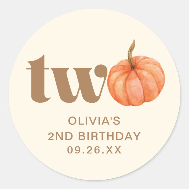 Boho Fall Watercolor Pumpkin 2nd Birthday Classic Round Sticker (Front)