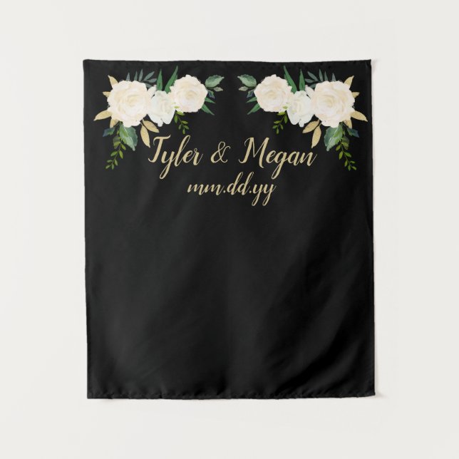 Boho Fall Wedding Backdrop Black & Gold Photo Prop Tapestry (Front)