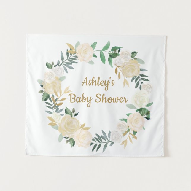 Boho Fall Wedding Backdrop Gold White Baby Shower Tapestry (Front (Horizontal))