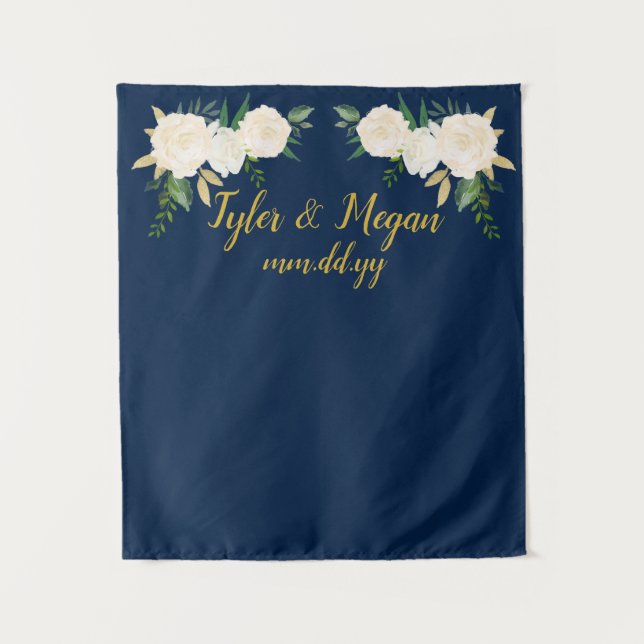Boho Fall Wedding Backdrop Navy Gold Photo Booth Tapestry (Front)