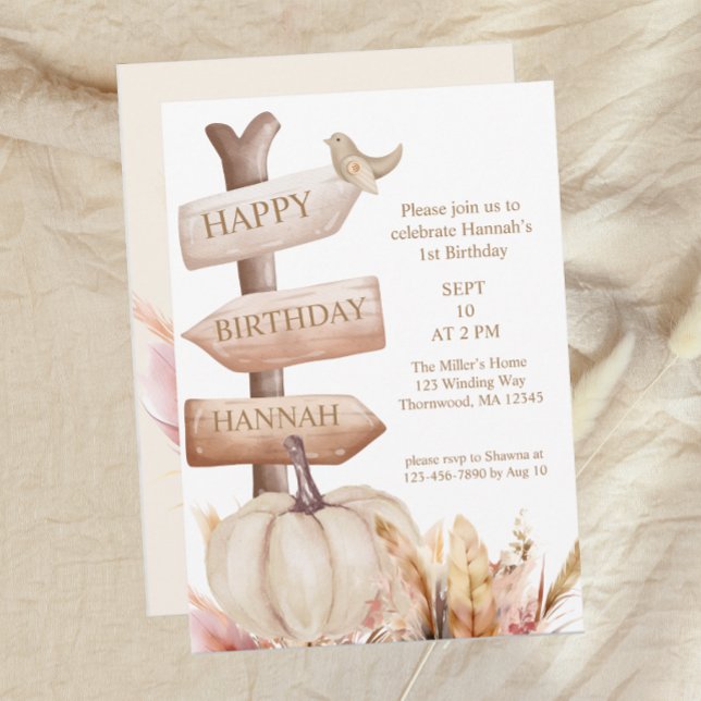 Boho Fall White Pumpkin Girls First Birthday Invitation (Creator Uploaded)