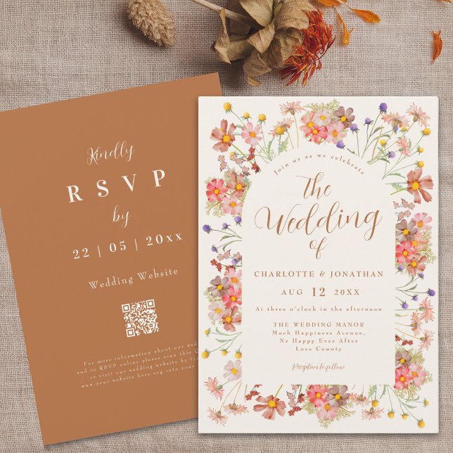 Boho Fall Wildflower Arch Burnt Orange Wedding Invitation (Boho fall wildflower arch terracotta burnt orange elegant wedding invitation with dried flowers)