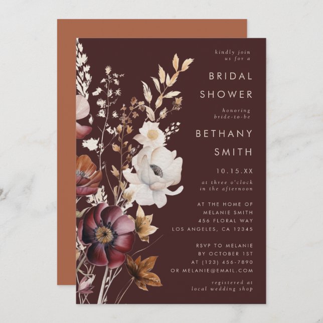 Boho Fall Wildflower Brown Bridal Shower Invitation (Front/Back)