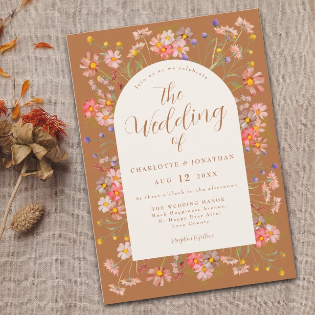 Boho Fall Wildflower Burnt Orange Wedding Invitation (Boho Wildflower arch fall burnt Orange terracotta wedding invitation with watercolor dried flowers)