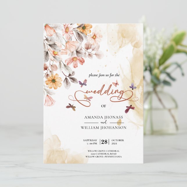 Boho Fall Wildflower butterflies Wedding Invitation (Standing Front)