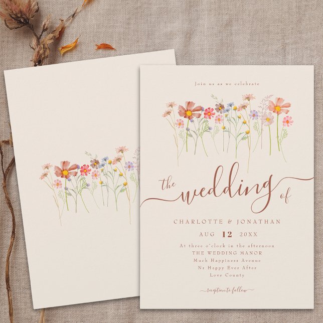 Boho Fall Wildflower Floral Beige Terracotta Invitation (Boho fall Wildflower floral beige & terracotta Wedding qr code invitation Watercolor meadow flowers)