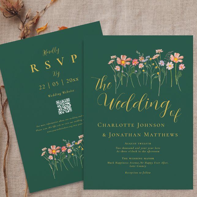 Boho Fall Wildflower Green Gold QR Code Wedding Invitation (Boho fall rustic Wildflower meadow dark emerald green gold terracotta rust Wedding qr code invite)