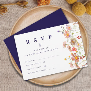 Boho Fall Wildflower Navy Blue Wedding RSVP Card