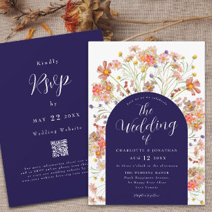 Boho Fall Wildflower Navy Blue White Wedding Invitation