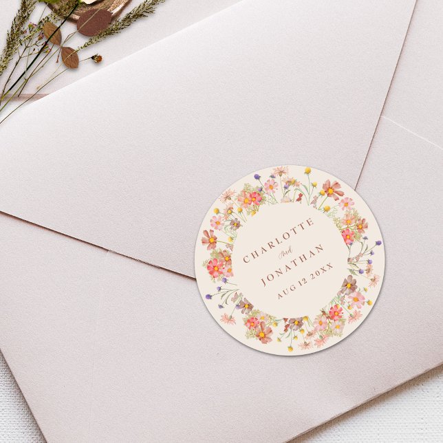 Boho Fall Wildflower Personalized Wedding Classic Round Sticker (Boho fall wildflower rustic floral beige burnt orange terracotta personalized wedding stickers)