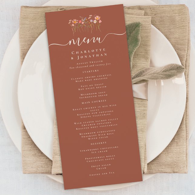 Boho Fall Wildflower Terracotta Rust Wedding Menu (Elegant boho fall Wildflower floral terracotta rust Wedding menu card)