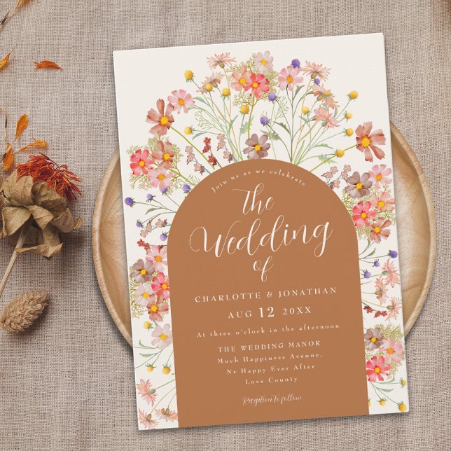 Boho Fall Wildflower Terracotta Wedding Invitation (Boho fall wildflower terracotta burnt orange wedding invitation with elegant arch and modern script )