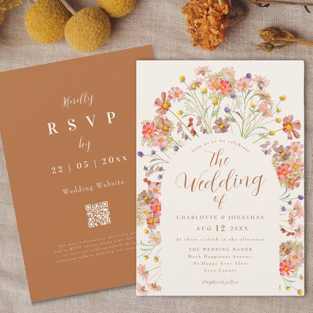 Boho Fall Wildflower Terracotta Wedding Invitation (Boho Fall Wildflower Arch Terracotta Wedding Invitation
With website QR code rsvp)