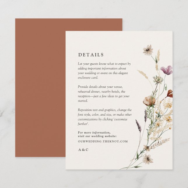 Boho Fall Wildflower Wedding Details Enclosure Card (Front/Back)
