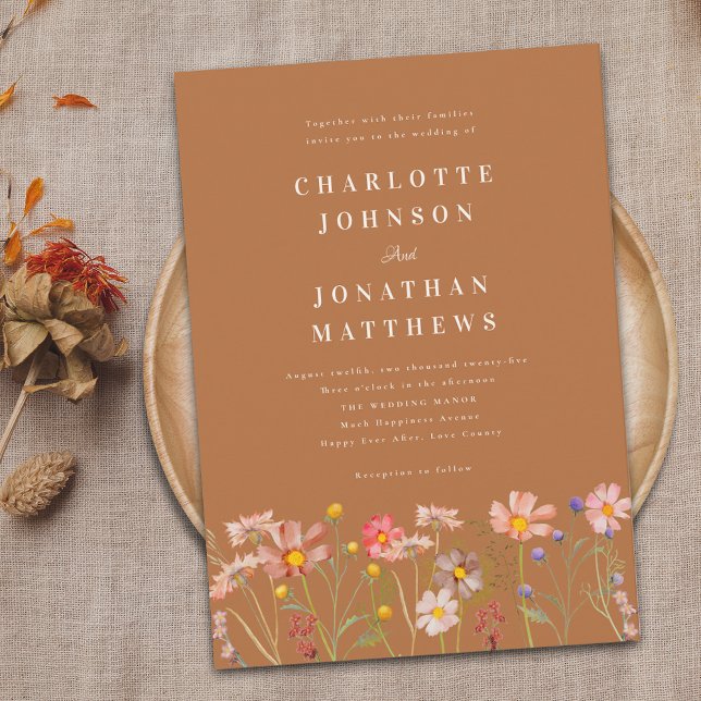 Boho Fall Wildflower Wedding Invitation (Boho fall Wildflower terracotta Wedding invitation rustic country garden elegant typography)