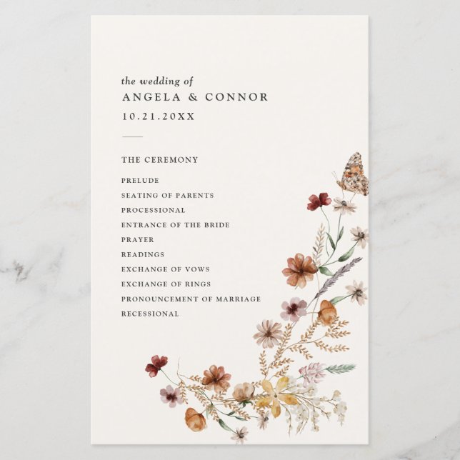 Boho Fall Wildflower Wedding Program (Front)