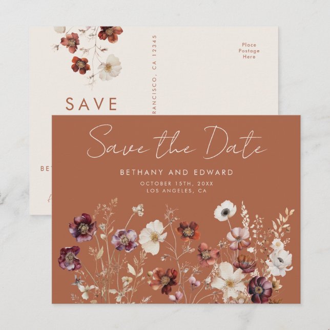 Boho Fall Wildflower Wedding Save the Date Postcard (Front/Back)