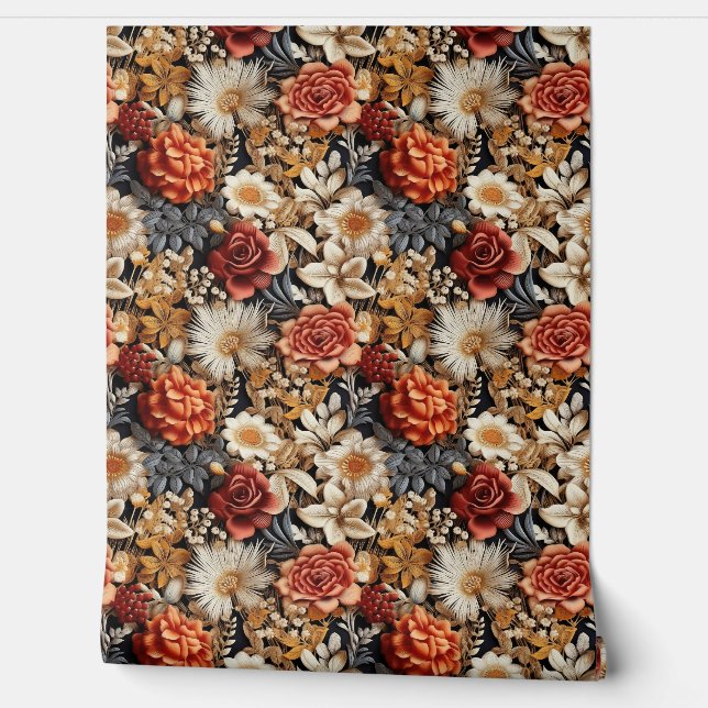 Boho fall wildflowers copper rust ivory tan wallpaper (Unrolling)
