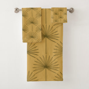 Boho Fan Palm Leaf Botanical Line Drawing Mustard  Bath Towel Set