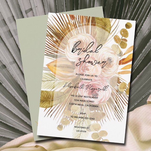 Boho Fan Palms Roses Bridal Shower Invitation (Creator Uploaded)