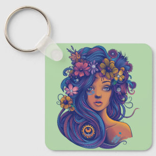 Boho Fantasy Woman with Floral Hair Keychain