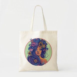Boho Fantasy Woman with Floral Hair Tote Bag