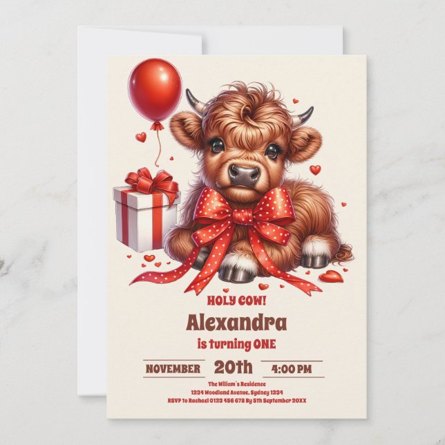 Boho Farm Holy Cow Highland 1st Birthday Invitation (Front)