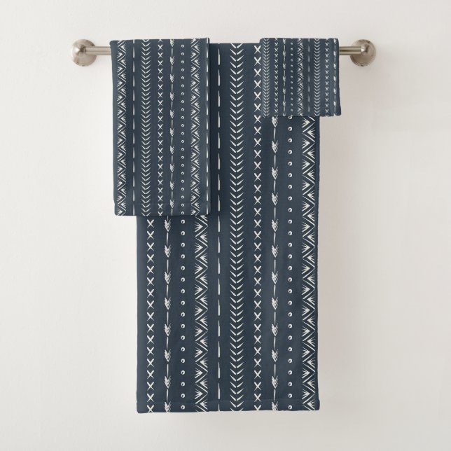 Boho Farmhouse Arrow Stripe Geometric Dark Blue Bath Towel Set (Insitu)