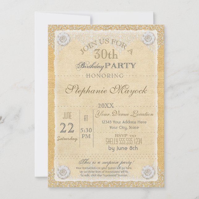 BOHO Faux Burlap n Lace gypsy modern mod style Invitation (Front)
