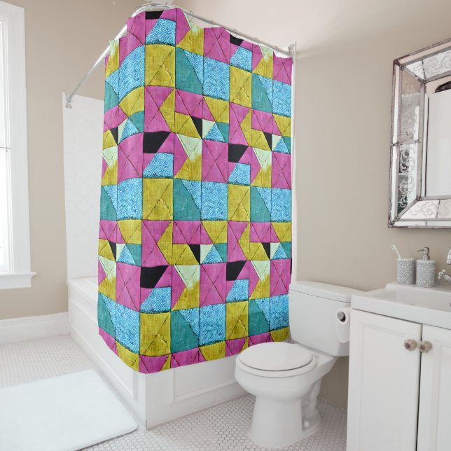 Boho Faux Patchwork Quilt Pink Yellow Blue (In Situ)