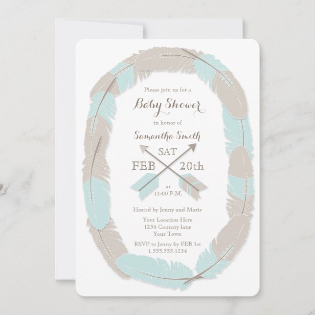 Boho Feather and Arrow Blue Baby Shower Invitation (Front)