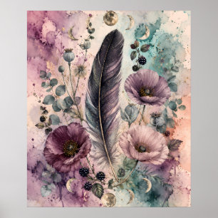 Boho Feather and Poppies Celestial Moon Phase Poster