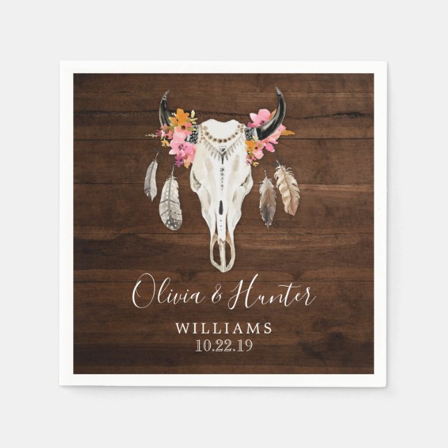 Boho Feather Antler Skull Dark Wood Wedding Napkin (Front)