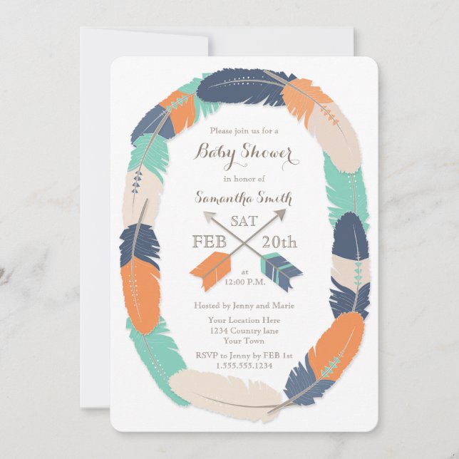 Boho Feather & Arrow Navy Orange Teal Baby Shower Invitation (Front)
