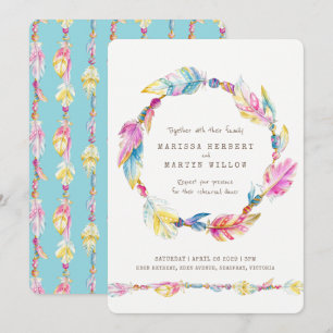 Boho feather beads watercolor rehearsal dinner invitation
