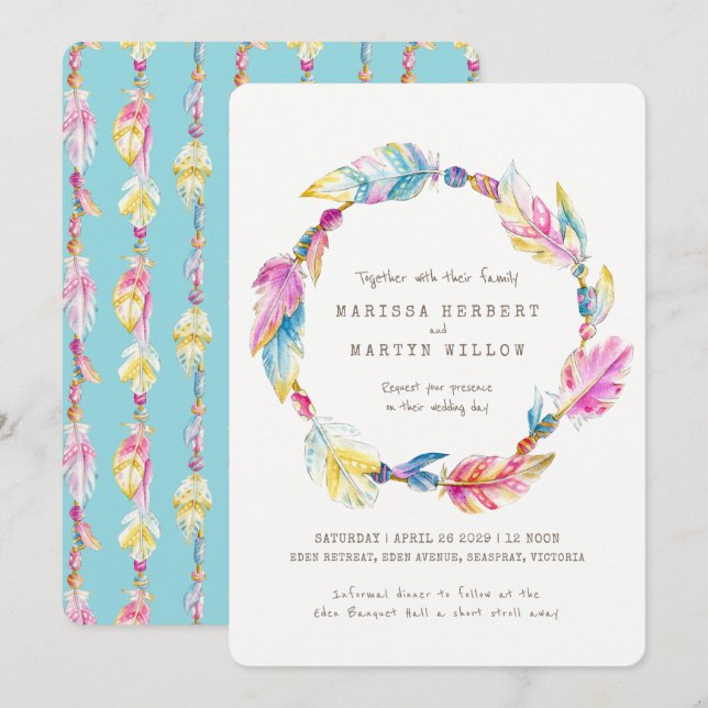 Boho feather beads watercolor wedding invites (Front/Back)