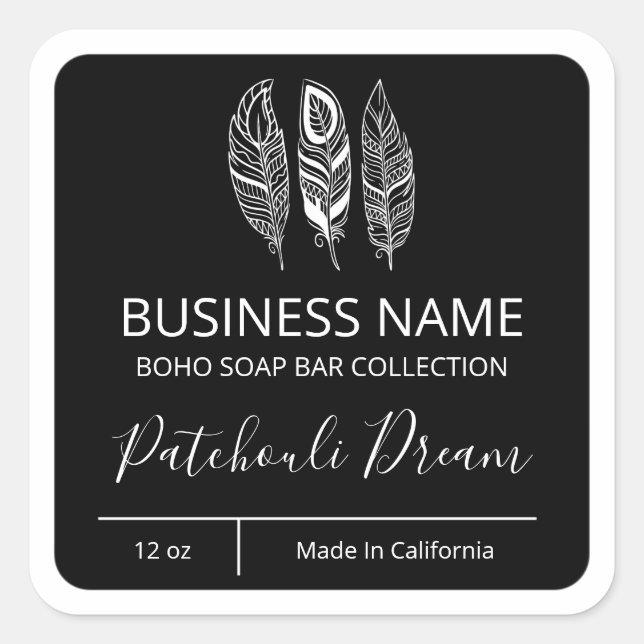 Boho Feather Black Soap Bar Labels (Front)