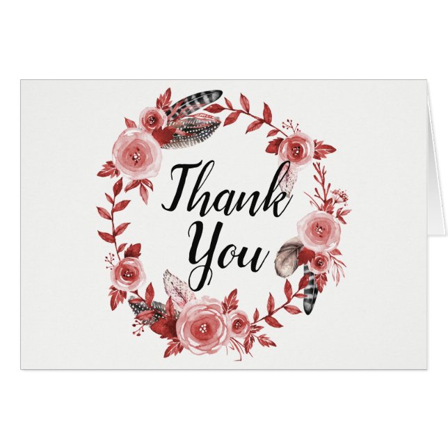 Boho Feather Bourgogne Rose Wreath Mariage Merci (Devant Horizontal)