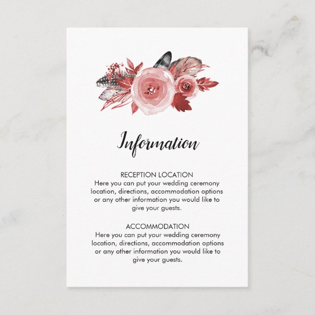 Boho Feather Burgundy Rose Wedding Information Enclosure Card (Front)