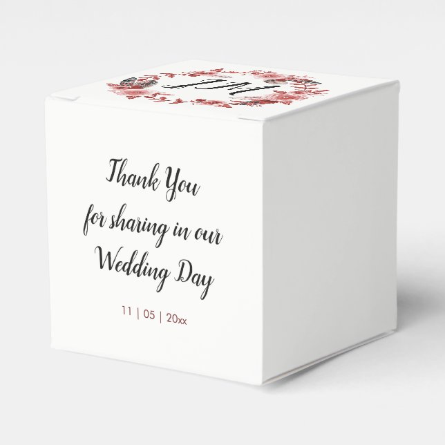 Boho Feather Burgundy Rose Wreath Monogram Favor Box (Front Side)