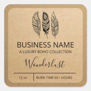 Boho Feather Design Kraft Paper Soy Candle Labels