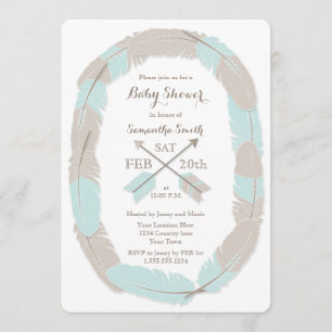 Boho Feather et Flèche Baby shower bleu Invitation