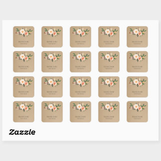 Boho Feather Floral Logo Faux Kraft Custom Square Sticker