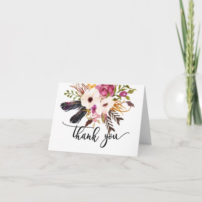 boho feather Floral thank you card (Front)
