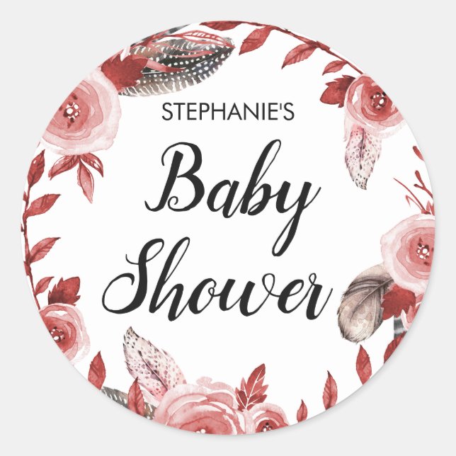 Boho Feather Floral Wreath Baby Shower Classic Round Sticker (Front)
