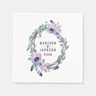 Boho Feather & Floral Wreath Wedding Monogram Napkin