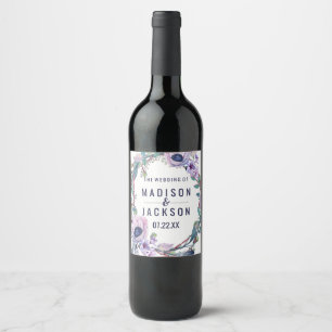 Boho Feather & Floral Wreath Wedding Monogram Wine Label