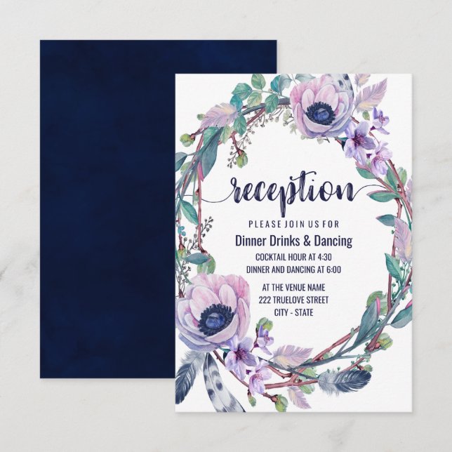 Boho Feather & Floral Wreath Wedding Reception Invitation (Front/Back)